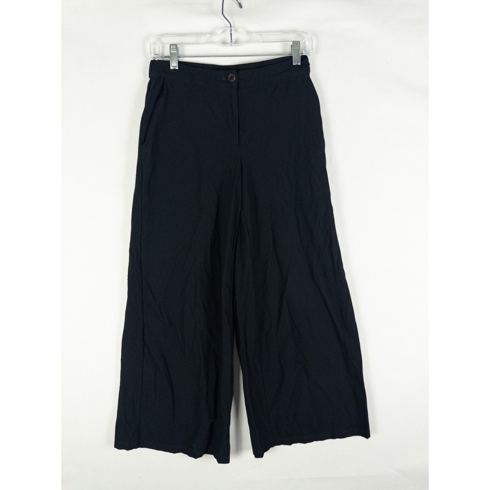 Eileen Fisher Wide Leg Crop Pants Womens 0 Black Viscose Elastic Waist Minimalis